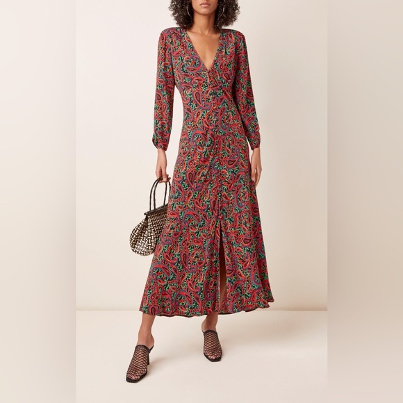RIXO London Women's Red Katie Paisley Crepe Midi Dress size UK XL USA size 12 - Picture 12 of 17